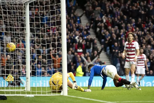 Rangers Connor Goldson scores the second goal with his head during the Ladbrokes Premiership match at Ibrox Stadium