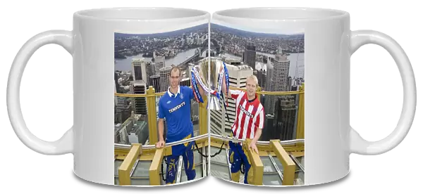 Rangers Whittaker and Naismith Celebrate SPL Title at Sydney Tower with Harbour Bridge Backdrop