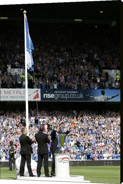 Rangers Football Club: Alistair Johnston Unveils the Scottish Premier League Title Flag at Ibrox Stadium (2-1 vs Kilmarnock)