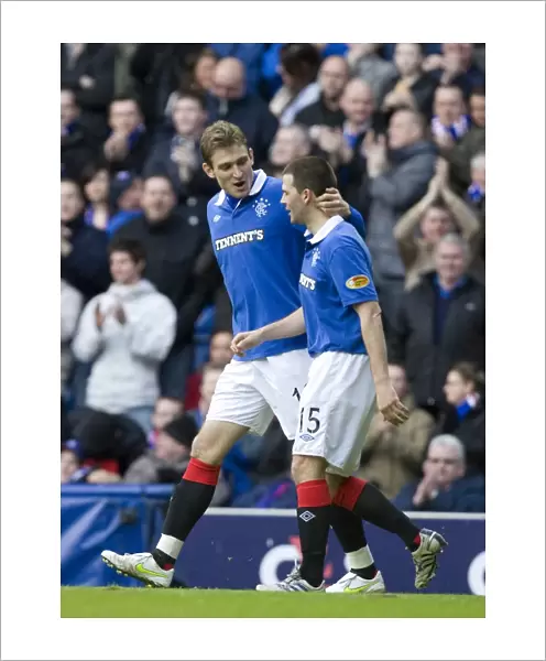 Rangers Jelavic and Healy: Celebrating Goals in Rangers 4-0 Victory over Saint Johnstone at Ibrox (Clydesdale Bank Scottish Premier League)