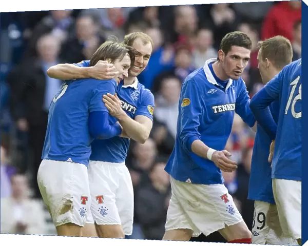 Rangers Sasa Papac and Steven Whittaker: Celebrating Goals in Rangers 4-0 Victory over Saint Johnstone at Ibrox Stadium (Clydesdale Bank Scottish Premier League)