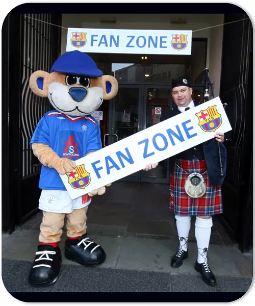 Clash of Fans: Rangers Broxi Bear and Piper in the Heart of Soccer Passion at Glasgow's City Hall (Rangers vs. Barcelona)
