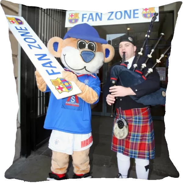 Clash of Fans: Rangers Broxi Bear and Piper Amidst the Soccer Passion at Glasgow's City Hall (Rangers vs. Barcelona)