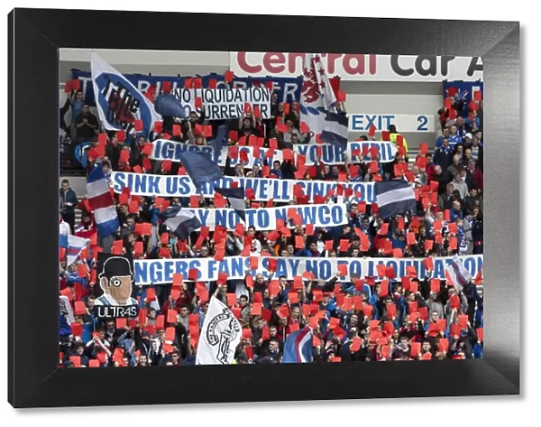 Rangers Football Club: Euphoric Murray Park - Rangers 3-1 St Mirren: Unified Fans Celebrate with Triumphant Banners and Card Display
