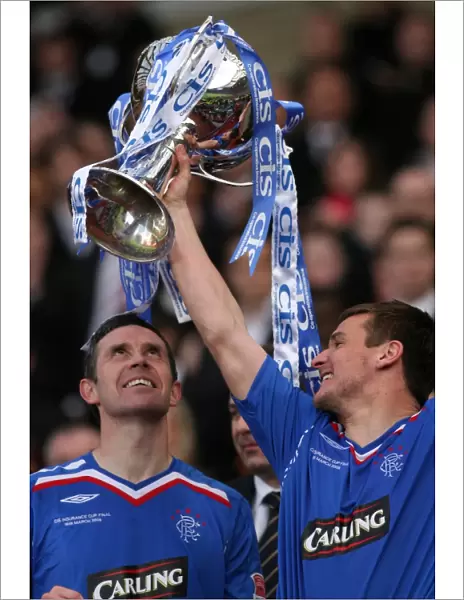 Rangers and Dundee United in the 2008 CIS Cup Final: Lee McCulloch and David Weir Celebrate Victory with the Trophy
