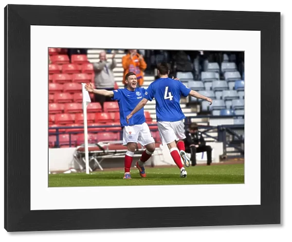Rangers Fraser Aird and Sebastien Faure: Celebrating a Goal in Queens Park vs Rangers (4-1) at Hampden Stadium