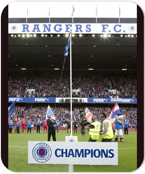 Rangers Football Club: Sandy Jardine's Triumphant Flag-Raising Moment after Promotion to Third Division (4-1 Win vs Brechin City, Ibrox Stadium)