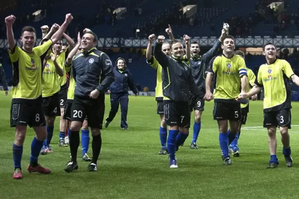 Stranraer Players Celebrate Historic Upset Win Against Rangers in Scottish League One at Ibrox Stadium