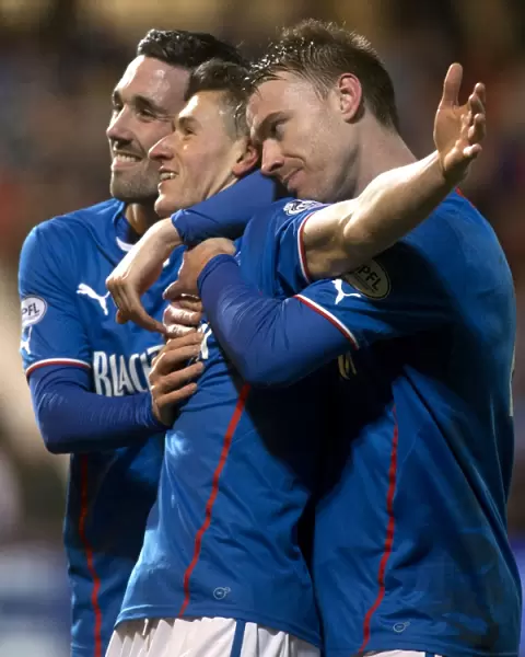 Rangers Aird, Clark, and Smith: Triumphant Goal Celebration in Scottish League One vs. Dunfermline Athletic