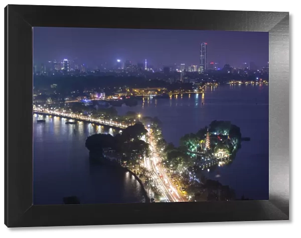 Vietnam, Hanoi, elevated city view by Tay Ho, West Lake, dusk