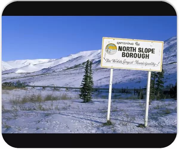 North America, USA, Alaska. Signpost marking the southern boundary of the North Slope Borough