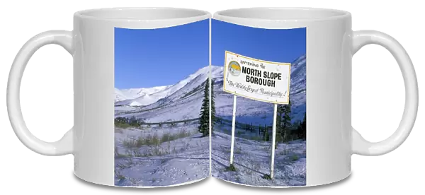 North America, USA, Alaska. Signpost marking the southern boundary of the North Slope Borough