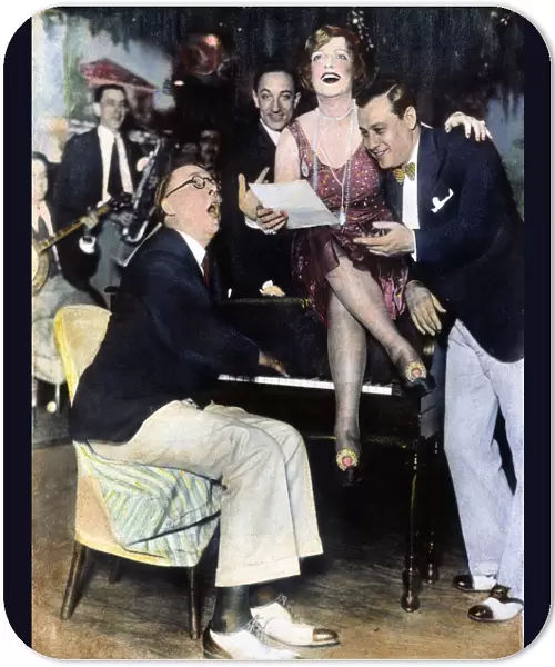 Texas Guinan (1884-1933), Queen of the Nightclubs, in one of the New York City speakeasies that she operated during Prohibition in the 1920s. Oil over a photograph