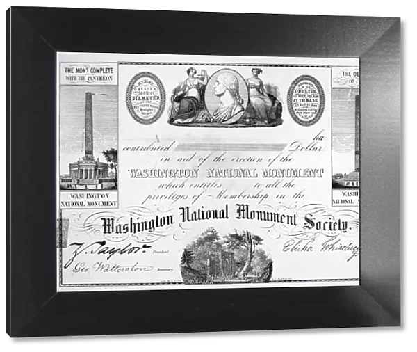 WASHINGTON MONUMENT, 1850. Certificate of membership and thanks to a contribution