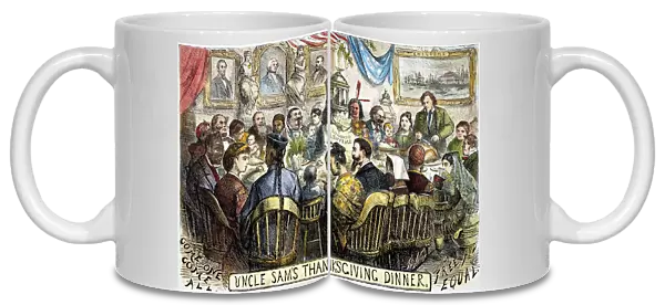 THANKSGIVING CARTOON, 1869. Uncle Sams Thanksgiving Dinner: cartoon, 1869, by Thomas Nast depicting a Thanksgiving table at which all comers are welcome