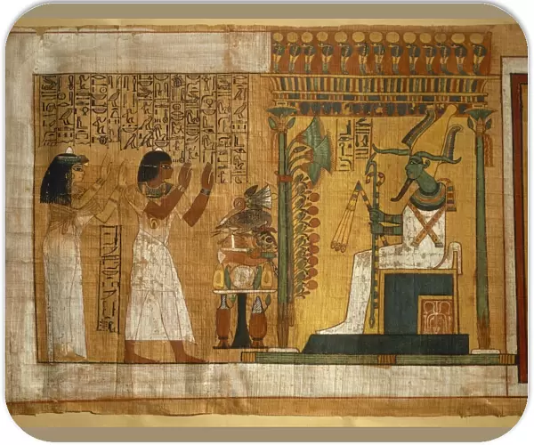Egypt, Thebes, Tomb of Kha, The offer and worshiping to Osiris seated on a throne, fragment of the book of the dead, two column papyrus with hieroglyphs and polychrome drawings, eighteenth dynasty