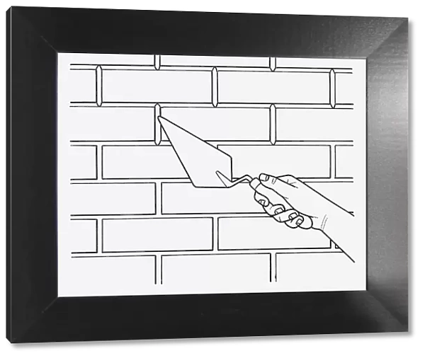 Black and white illustration of using trowel to smooth mortar on brick wall