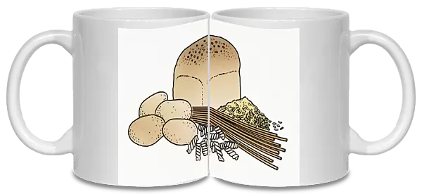 Illustration of wholemeal bread, pasta, grain, and raw potatoes