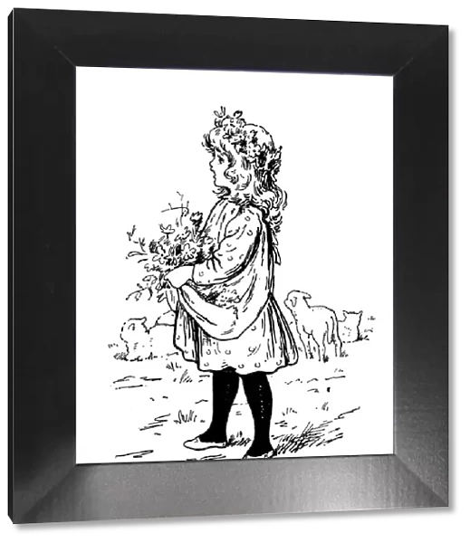 Antique childrens book comic illustration: little girl with flowers