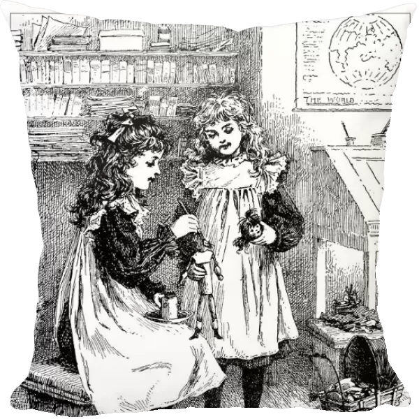 Antique childrens book comic illustration: girls repairing toys dolls