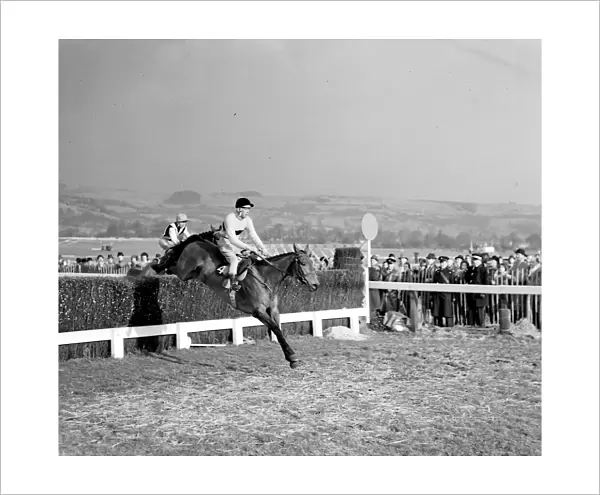 Pat Taaffe on Irish-trained Arkle takes the last fence ahead of English champion Mill House