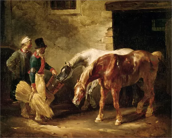 Two Post Horses at the Door of a Stable (oil on canvas)