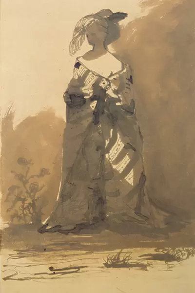 Woman Wearing an Overcoat and a Feathered Hat (pen & ink and wash on paper)