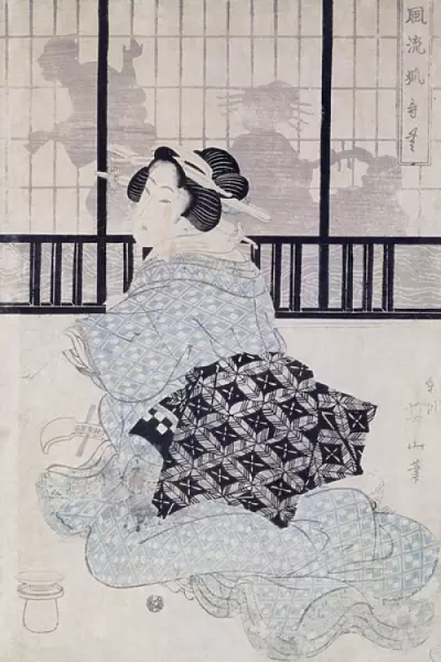 A Courtisan with a Shamisen (colour woodblock print)