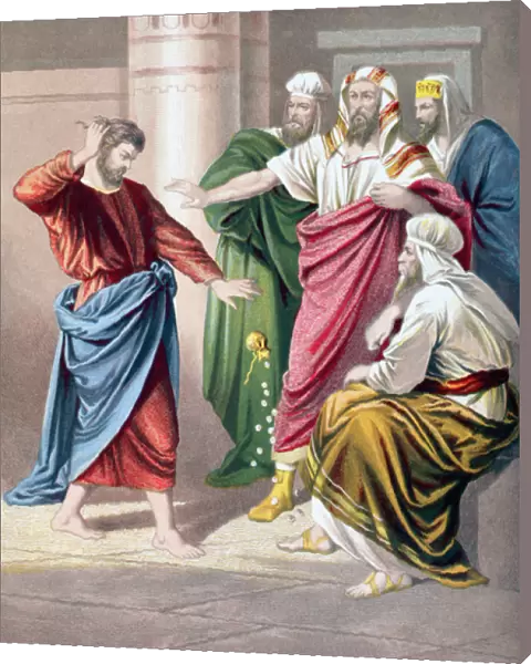 Judas repents and in remorse, returns the thirty pieces of silver (colour litho)