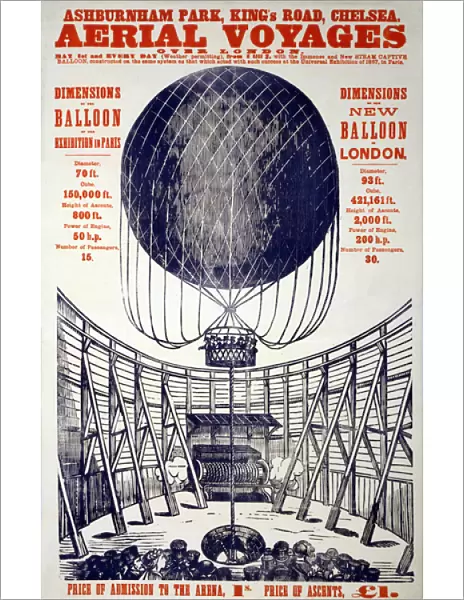 Poster promoting 'Aerial Voyages over London', pub. 1867 (Colour Lithograph)