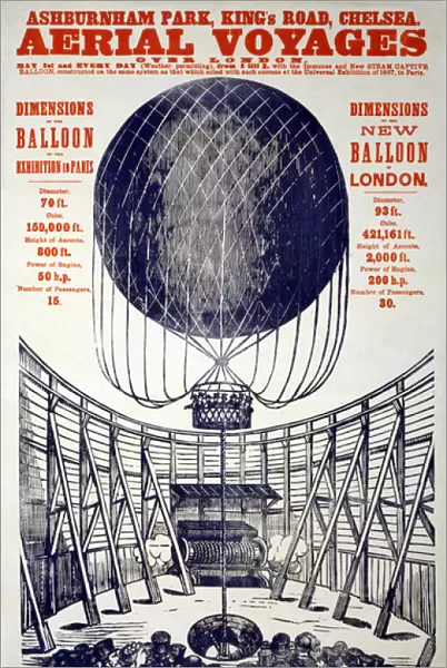 Poster promoting 'Aerial Voyages over London', pub. 1867 (Colour Lithograph)