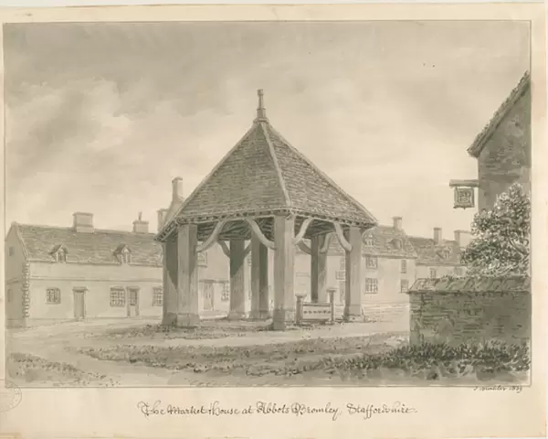 Abbots Bromley - Market House and Stocks: sepia drawing, 1839 (drawing)