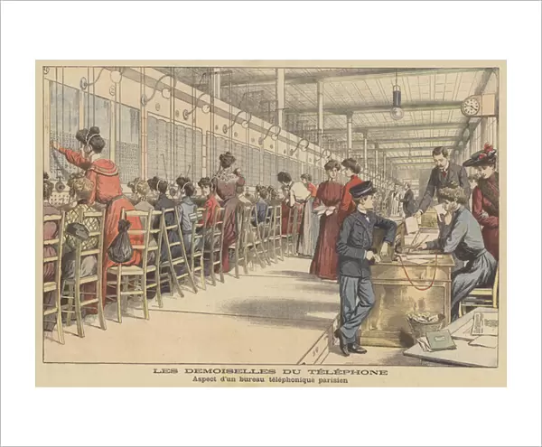 Women working in a Paris telephone exchange (colour litho)