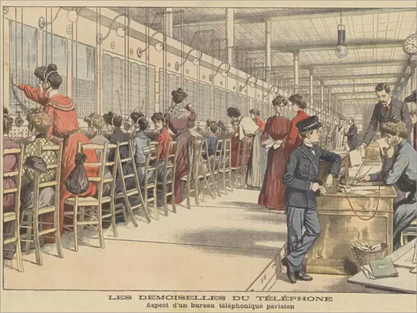 Women working in a Paris telephone exchange (colour litho)