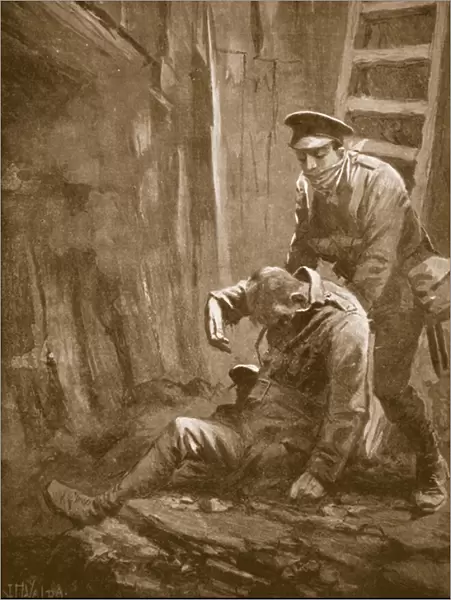 Private T. Doswell rescuing an officer from a mine in which he lay unconscious (litho)