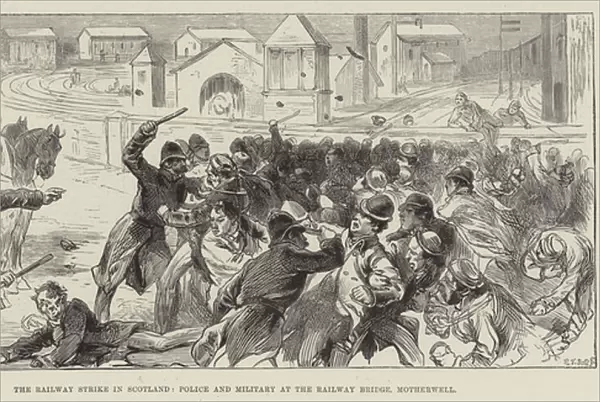 The Railway Strike in Scotland, Police and Military at the Railway Bridge, Motherwell (engraving)