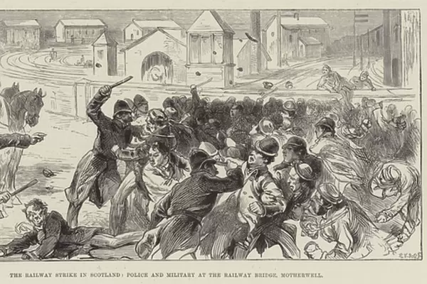 The Railway Strike in Scotland, Police and Military at the Railway Bridge, Motherwell (engraving)