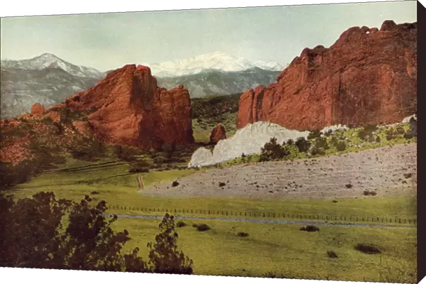 Gateway, Garden of the Gods, Colorado, Pikes Peak in the Distance (coloured photo)