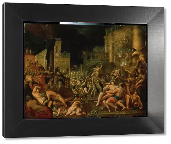 Le festin de Midas en l honneur de Bacchus et de Silene (Midas feast in honour of Bacchus and Silenus). Peinture de Gillis van Valckenborch (1570-1622). Huile sur bois, Dim : 61, 6 x 78, 7cm. Art flamand style baroque