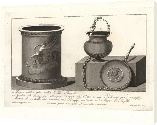 Ancient Roman well, copper bucket and patera. 1802 (engraving)