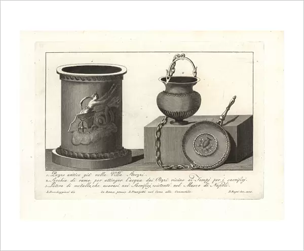Ancient Roman well, copper bucket and patera. 1802 (engraving)