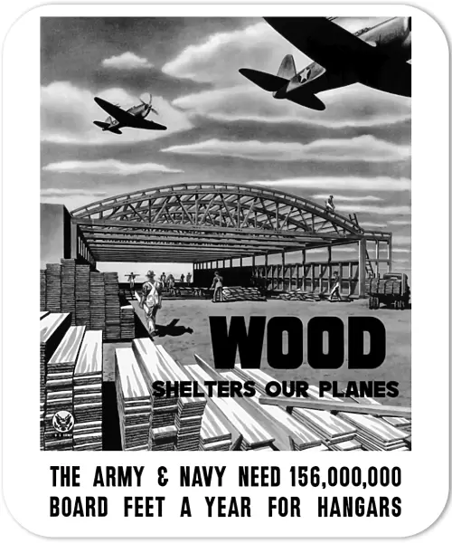 World War II poster of an aircraft hangar being built as planes fly overhead