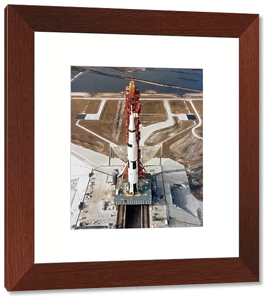 High-angle view of the Apollo 10 space vehicle on its launch pad
