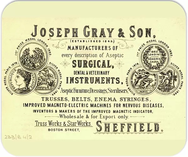 Joseph Gray and Sons, Surgical Instrument Makers, Truss Works and Star Works, Boston Street - trade card c. 1890