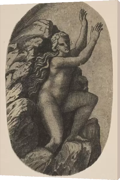 Eurydice naked standing on a rock, her arms raised to the right, ca. 1515-27