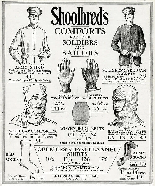 Advert for Shoolbreds soldiers & sailors comforts 1915
