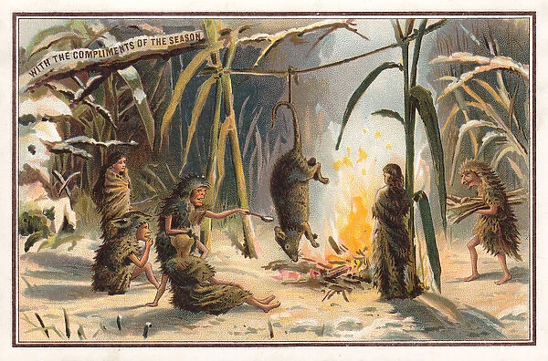 Fairies roasting their dinner on a Christmas card