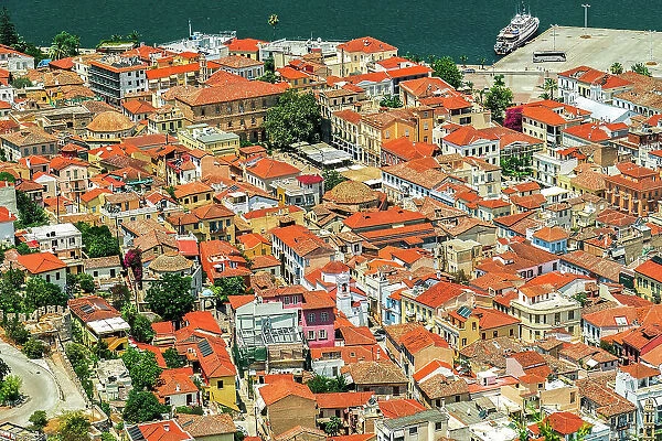 Historic town panoramic view, with traditional low-rise red tile roof buildings, Nafplion, Peloponnese, Greece, Europe