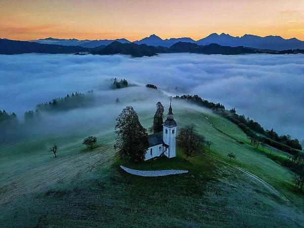 Morning Mist Around Church of St. Thomas, Skofja Loka, Slovenia, Europe