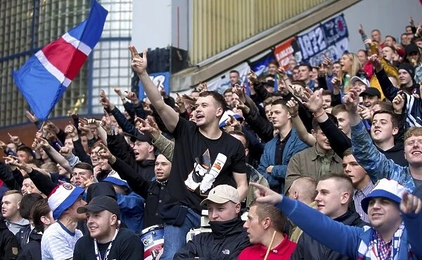 Excited Rangers Fans Celebrate at Ibrox Stadium: Scottish Championship Clash Amidst Scottish Cup Winning Atmosphere